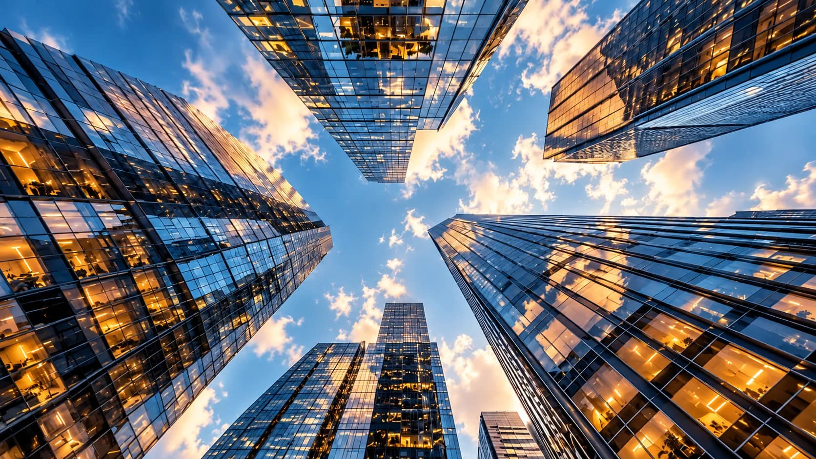 Glass office towers seen from street level against a blue evening sky
